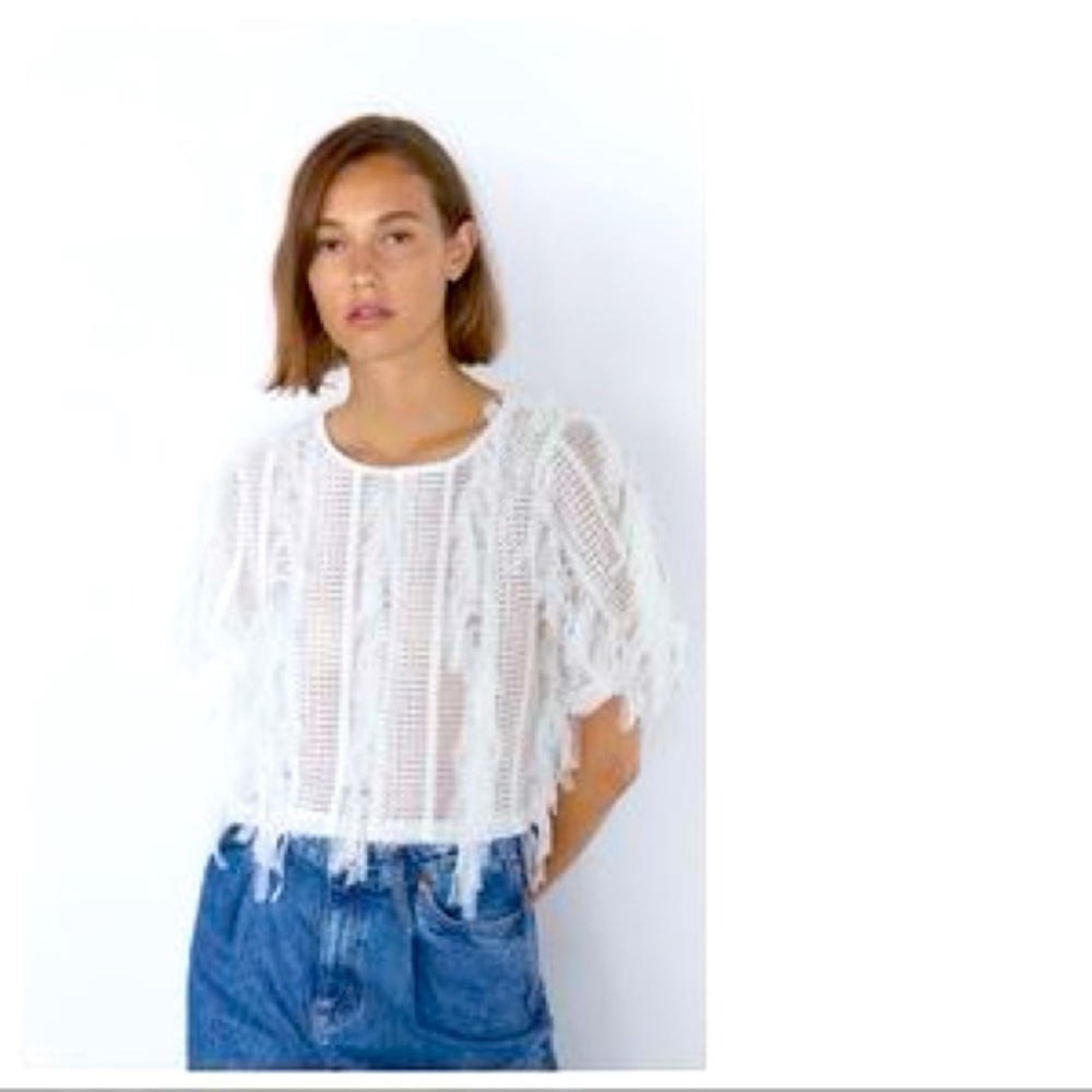 ZARA White Tulle Fringe Top EUC Slightly Cropped